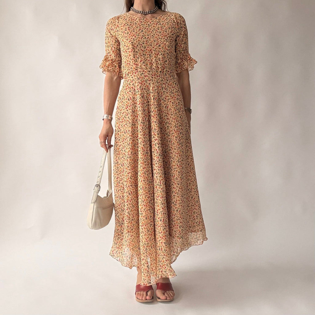 Vintage 70s Handmade Ditsy Floral Chiffon Maxi Dress - Small
