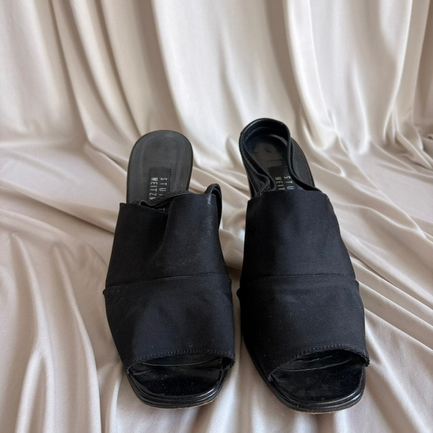 Stuart Weitzman Black Slingback Heels - Open Toe, Chunky Block Heel, Size 10