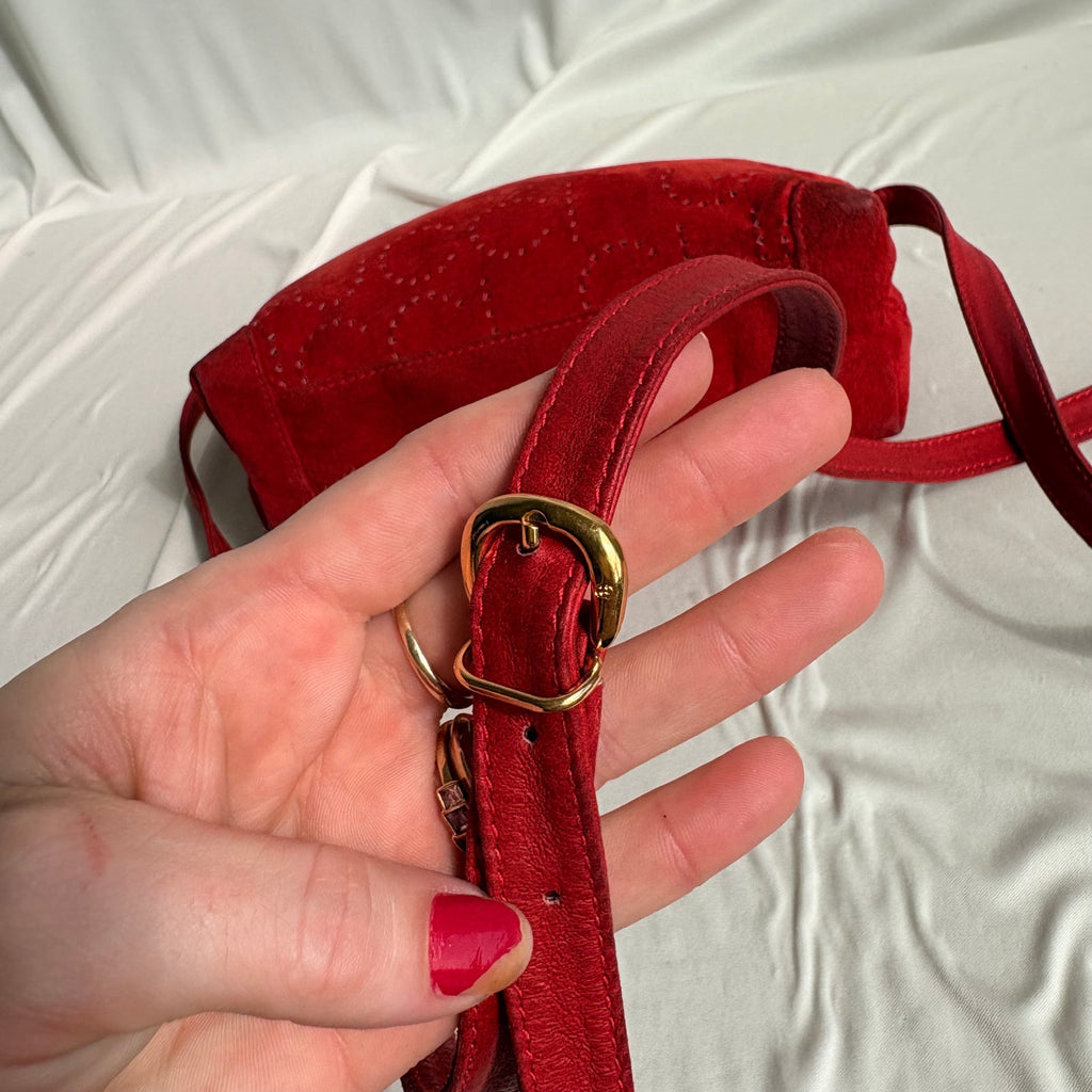 Vintage Gucci Red Suede Perforated Giant Logo Pouch Crossbody Bag