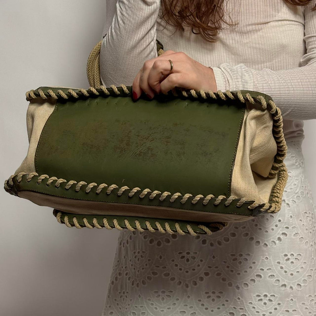 Jamin Puech Paris Canvas & Olive Green Leather Tote