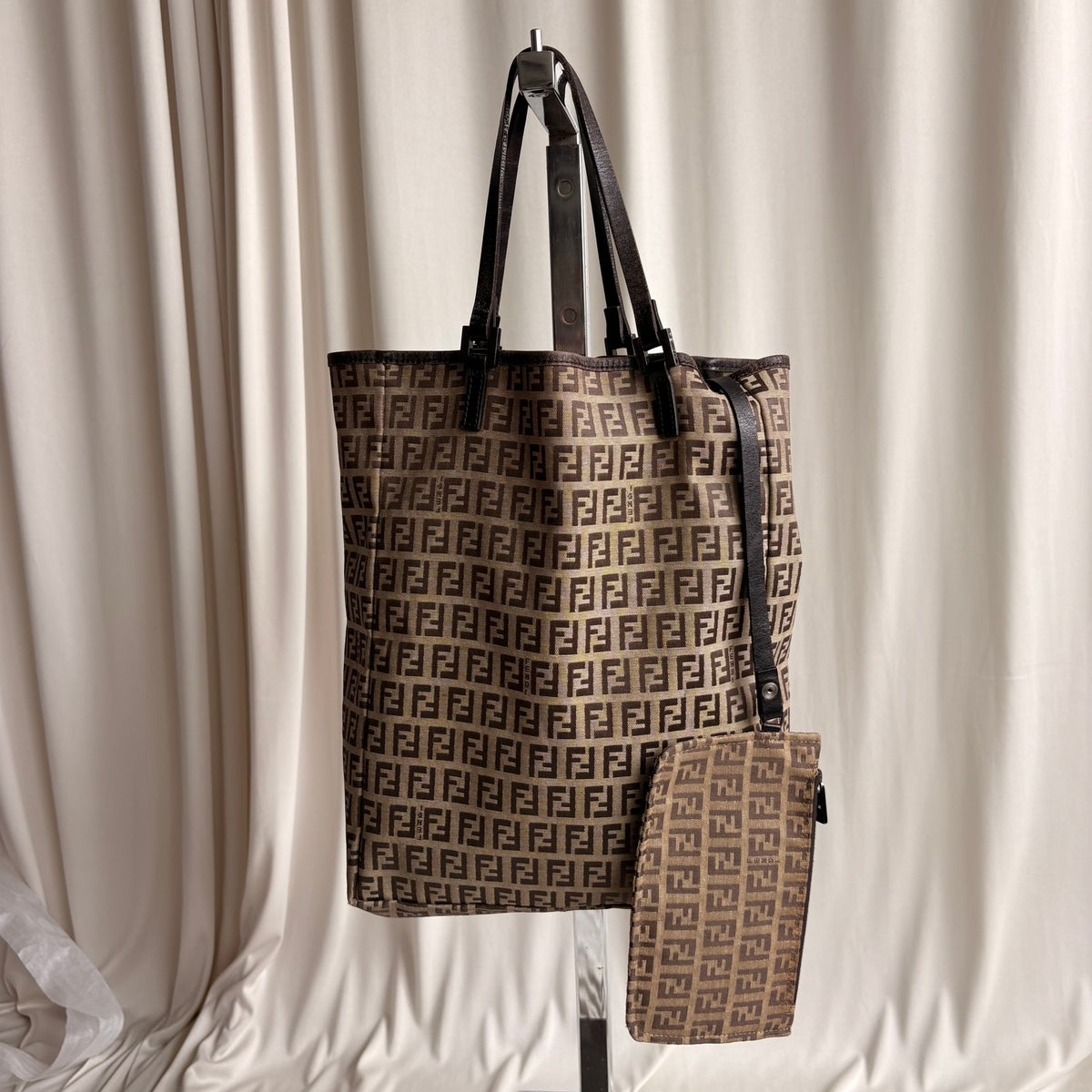 Vintage Fendi Zucchino Canvas Roll Tote w/ Baby Pouch - Tan & Brown