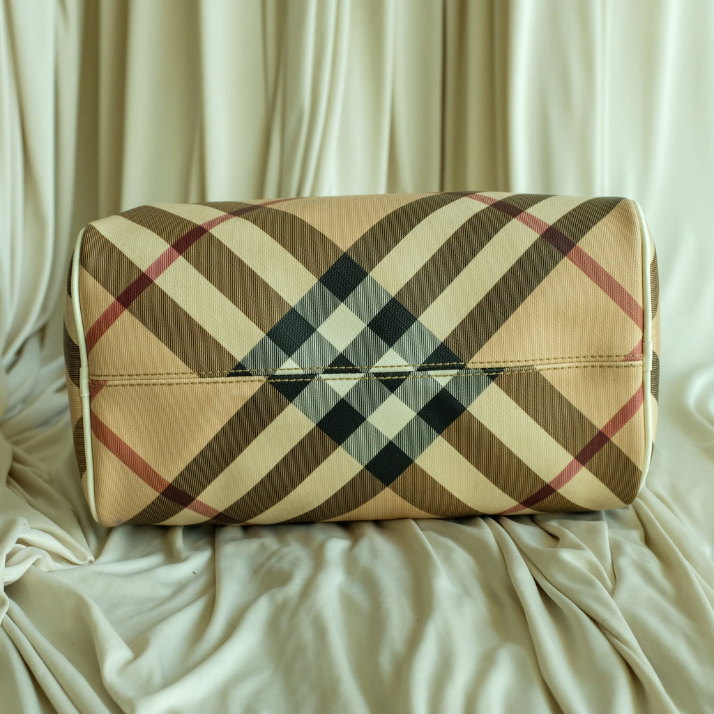 Burberry Chester Boston Bag - Supernova Check, White Patent Handles