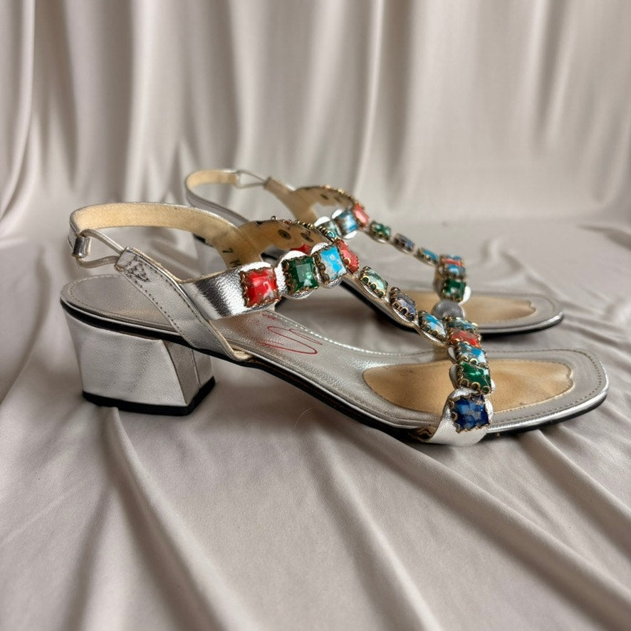 Vintage 70s California Magdesians Silver T-Strap Sandals - Jeweled, Size 7 (Fits 7.5)