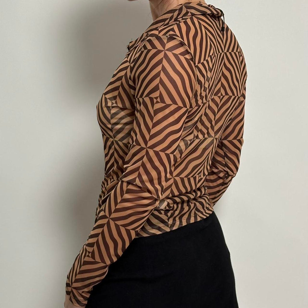 Sheer Zara Brown Abstract Geometric Button Up Top - Small