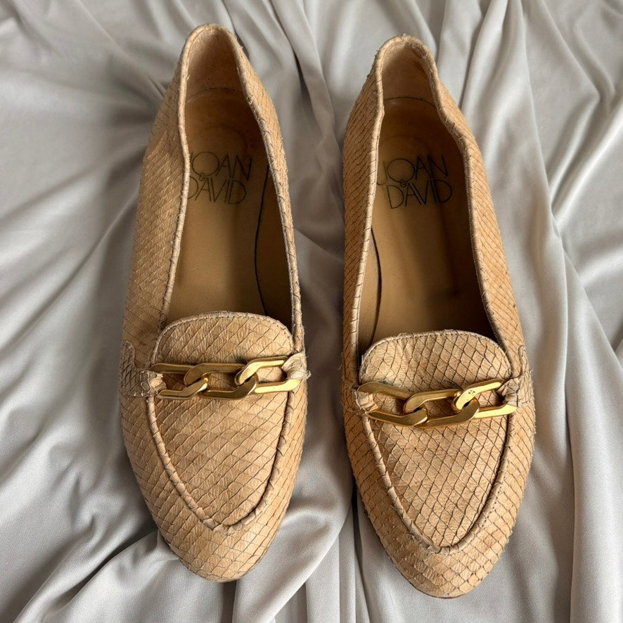 Joan & David Reptile Skin Loafers - Tan Beige, Gold Chain Detail, Size 7.5