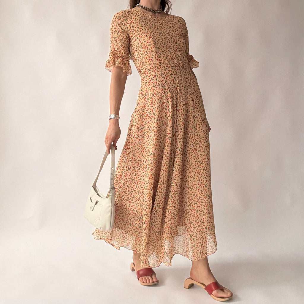Vintage 70s Handmade Ditsy Floral Chiffon Maxi Dress - Small