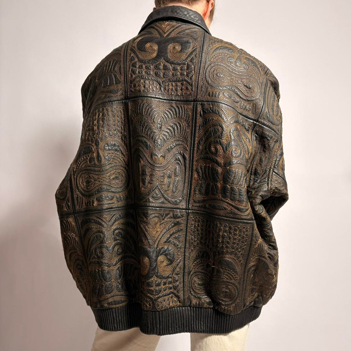 Signature Gold Embroidery Leather Bomber - Fits Men's XL