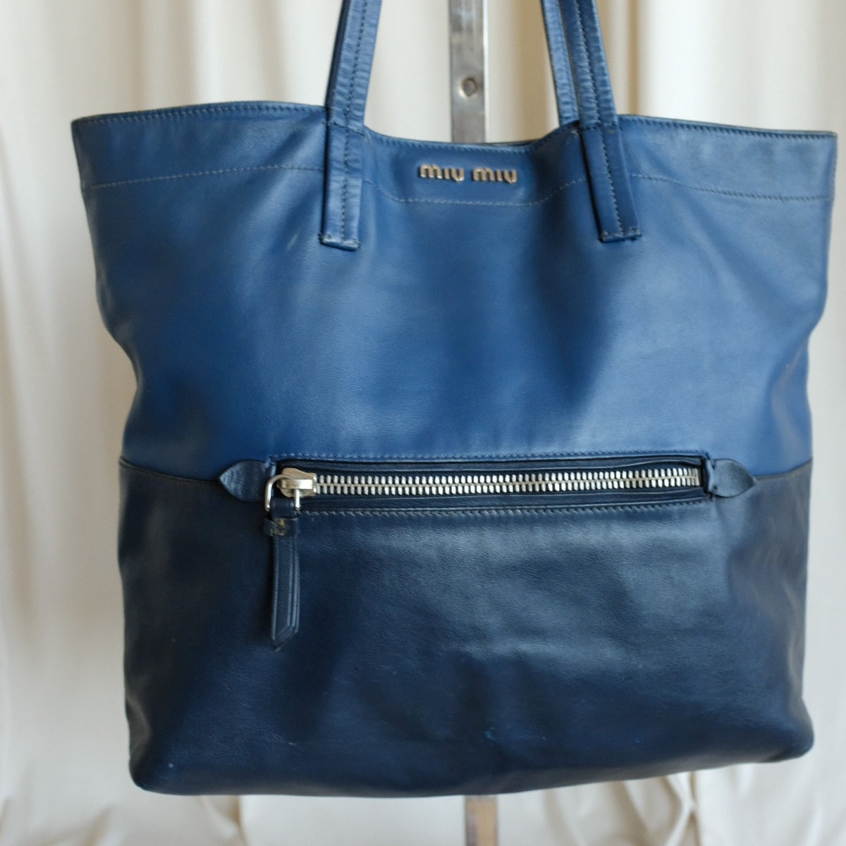 MIU MIU Vitello Soft Leather Shopping Tote Bag - Blue & Navy Two-Tone w/ COA