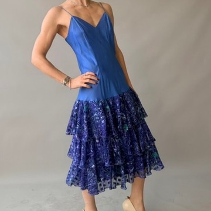 Ann Hobbs for Cattiva Blue Silk Drop-Waist Dress - Peacock Ruffle Tiered Skirt