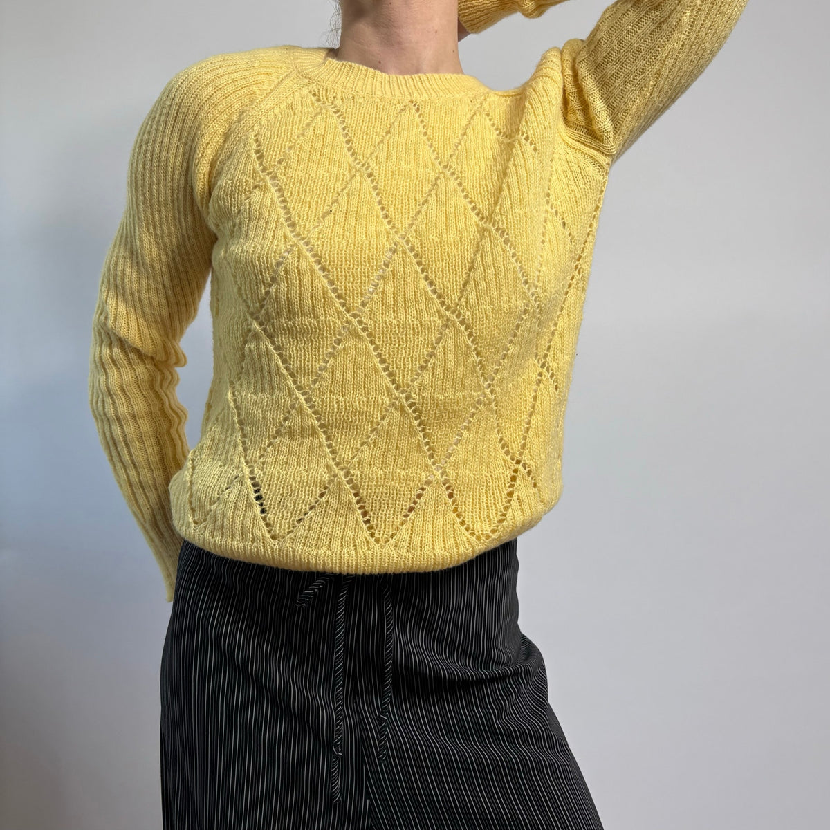 Yellow Pointelle Argyle Crewneck Sweater - Size Medium