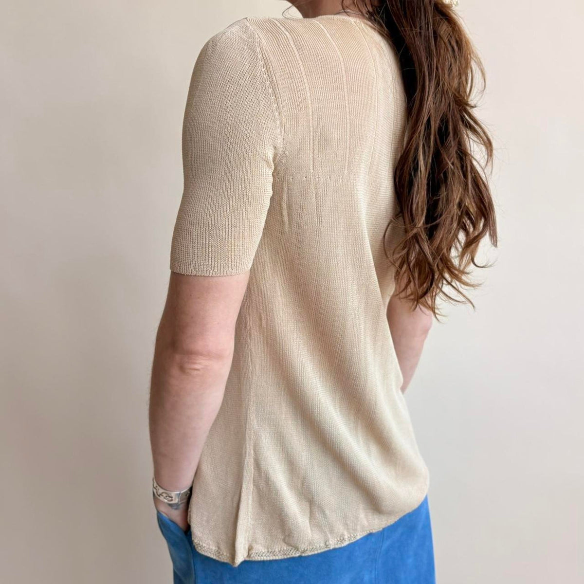 Caroline Little Knitwear Nude Tan Rayon Knit Top - Size Small
