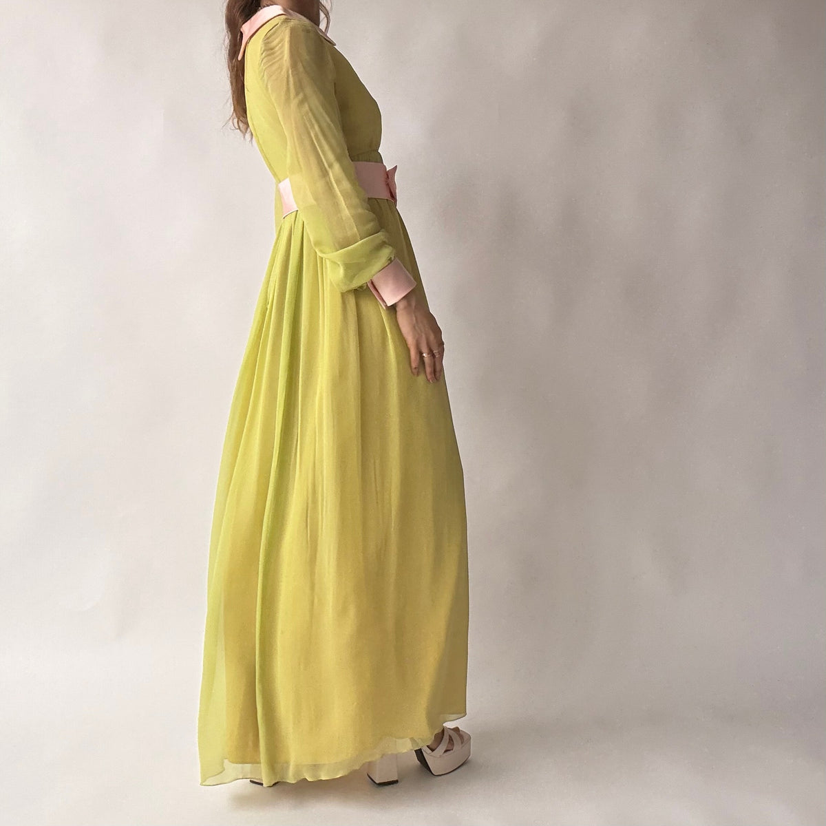 Vintage 60s/70s Chartreuse Peter Pan Collar Maxi Dress w/ Belt