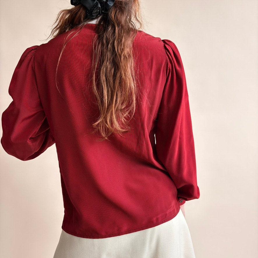 Albert Nipon Claret Pintuck Blouse - Peter Pan Collar, Puff Sleeves, Size 4