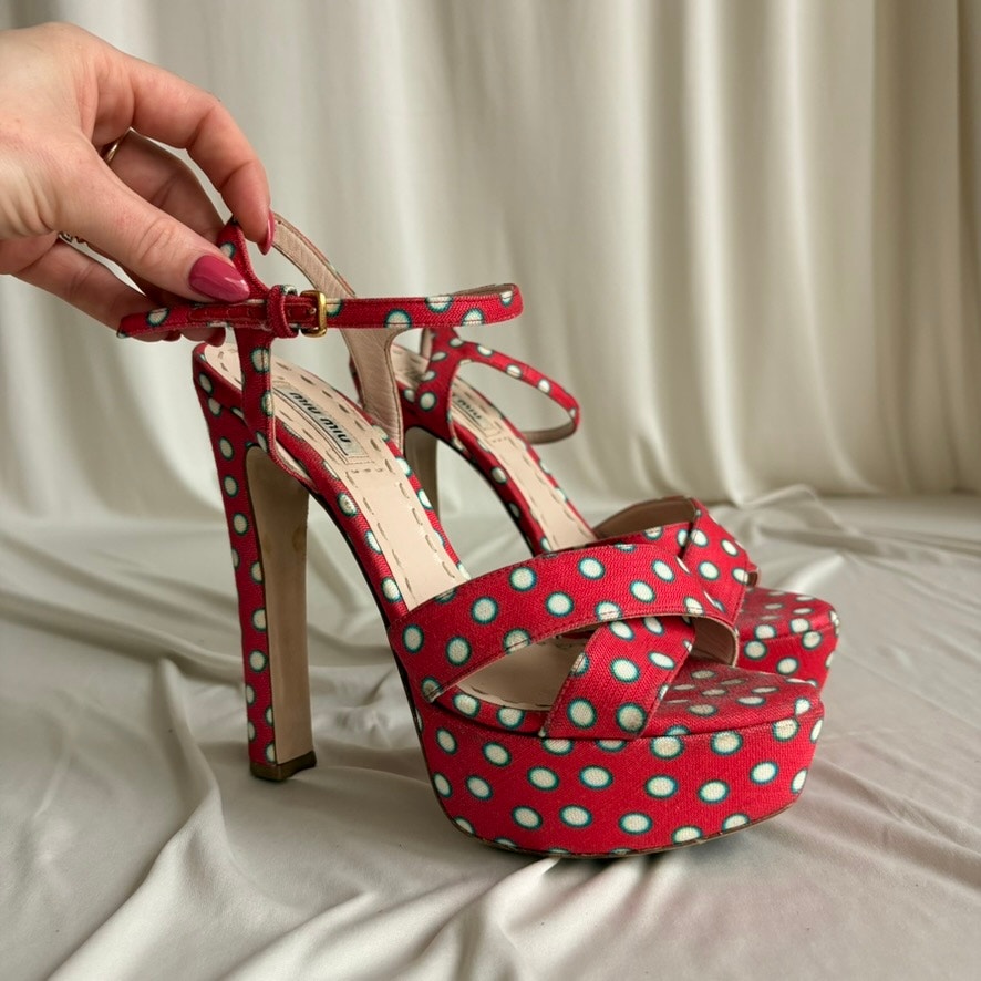 Miu Miu Polka-Dot Canvas Platform Sandals - 2010 SS Collection, EU 37/US 7
