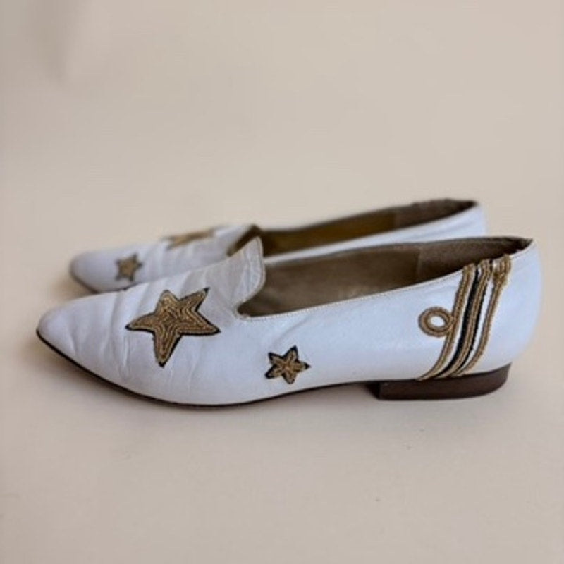 Joan & David Star Loafers - White Leather, Gold Star, Made in Italy, Size 7.5