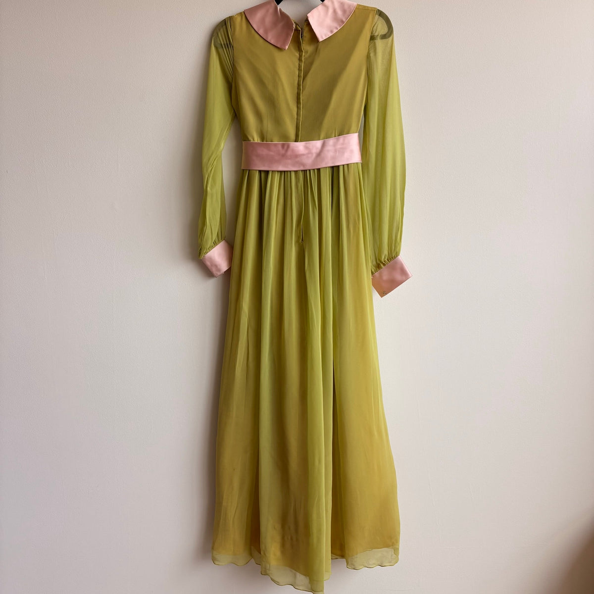Vintage 60s/70s Chartreuse Peter Pan Collar Maxi Dress w/ Belt