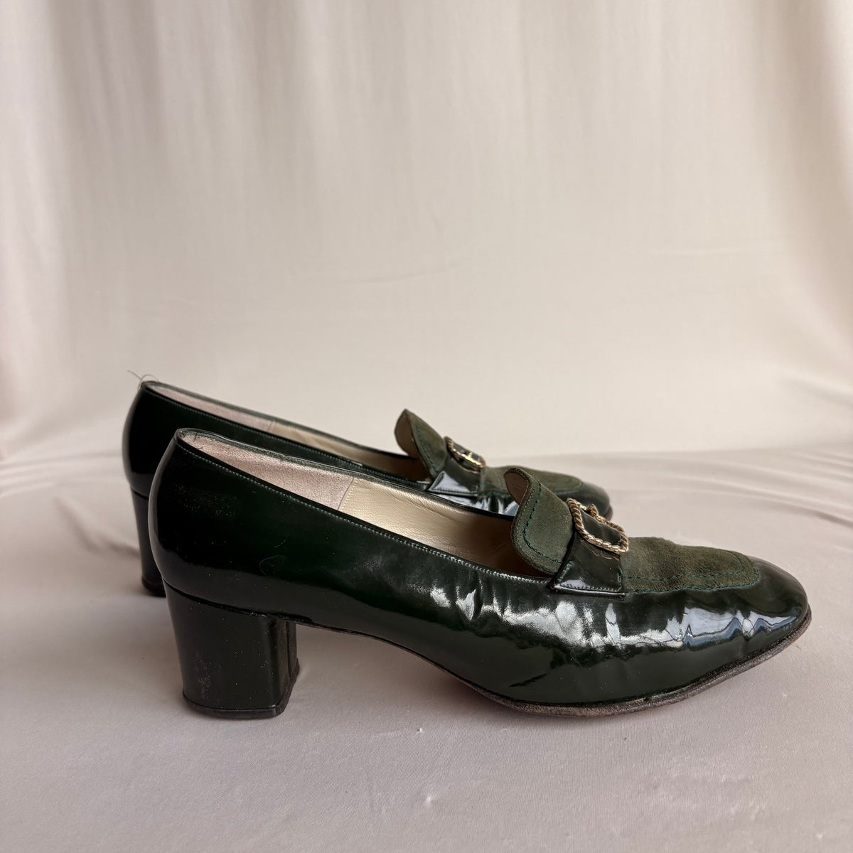 I. Miller Vintage Green Patent Leather & Suede Heeled Loafers - 2" Heel