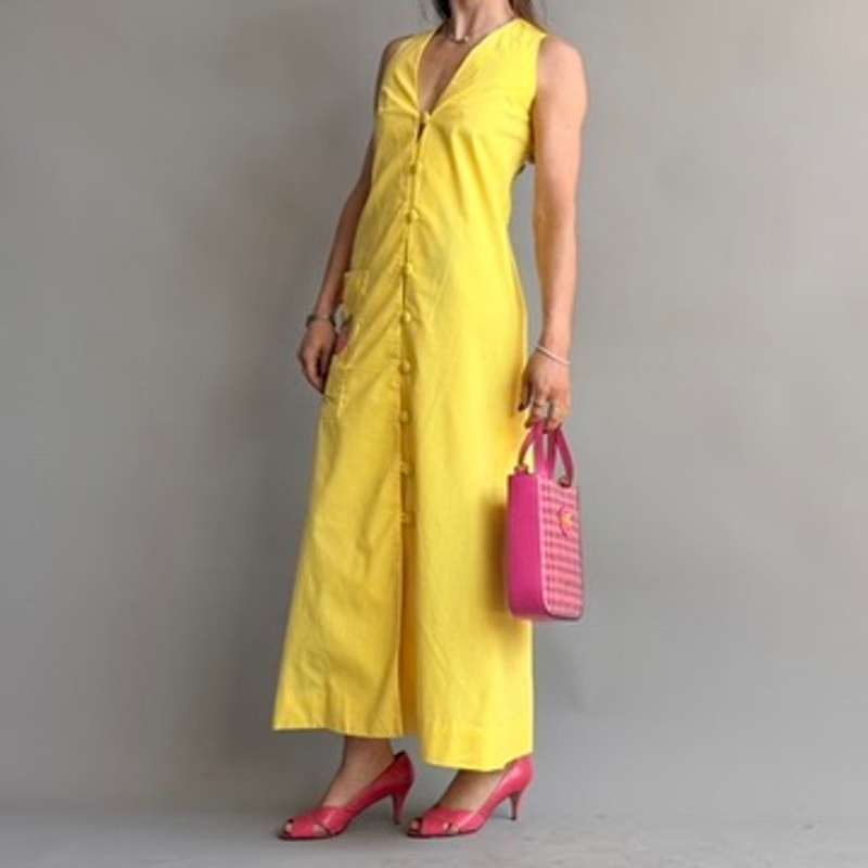 Jamaica Dowry Vintage 70s Yellow Maxi Dress - Hand Embroidered Donkey - Small