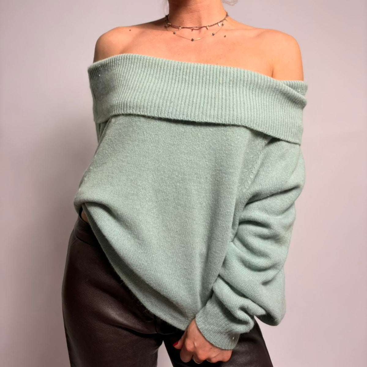 Vintage Kasper for J.L. Sport Off-Shoulder Sweater - Mint Green, Size Medium