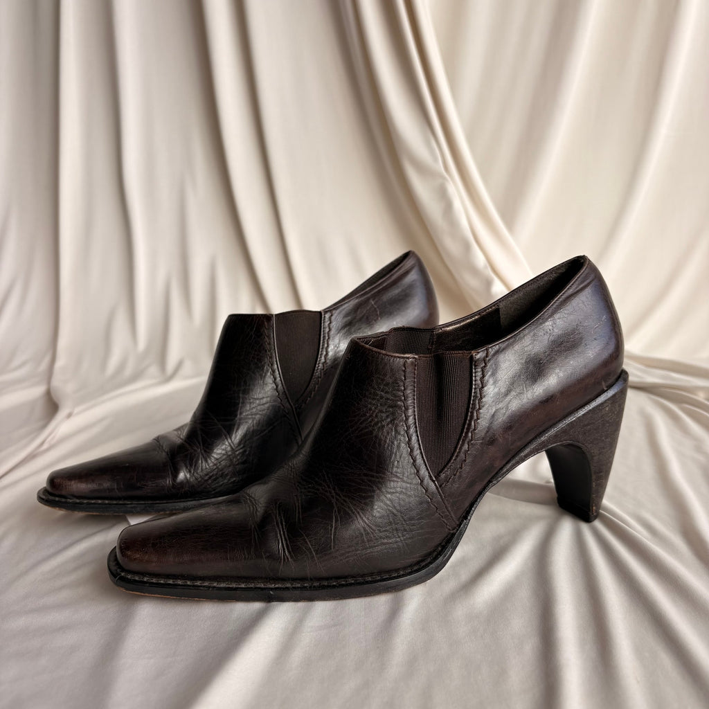 Vintage Stuart Weitzman Brown Leather Ankle Booties - Curved Heel, 7.5