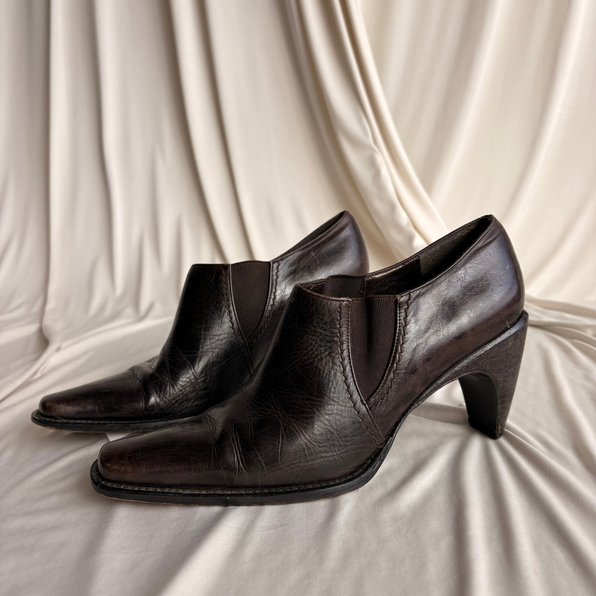 Vintage Stuart Weitzman Brown Leather Ankle Booties - Curved Heel, 7.5