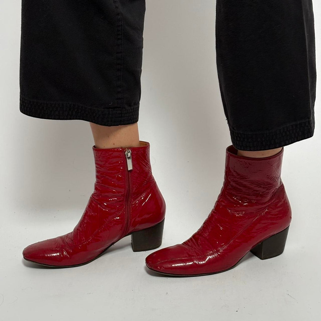 Rachel Comey Red Patent Leather Ankle Boots • Block Heel - size 38