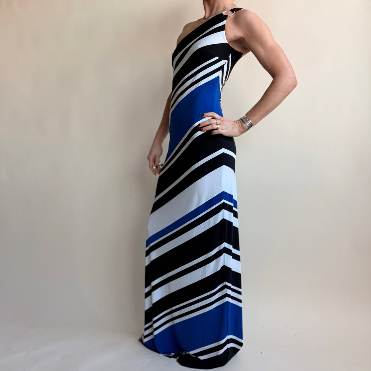 Cache One-Shoulder Striped Maxi Dress - Blue, Black, White, Size XS