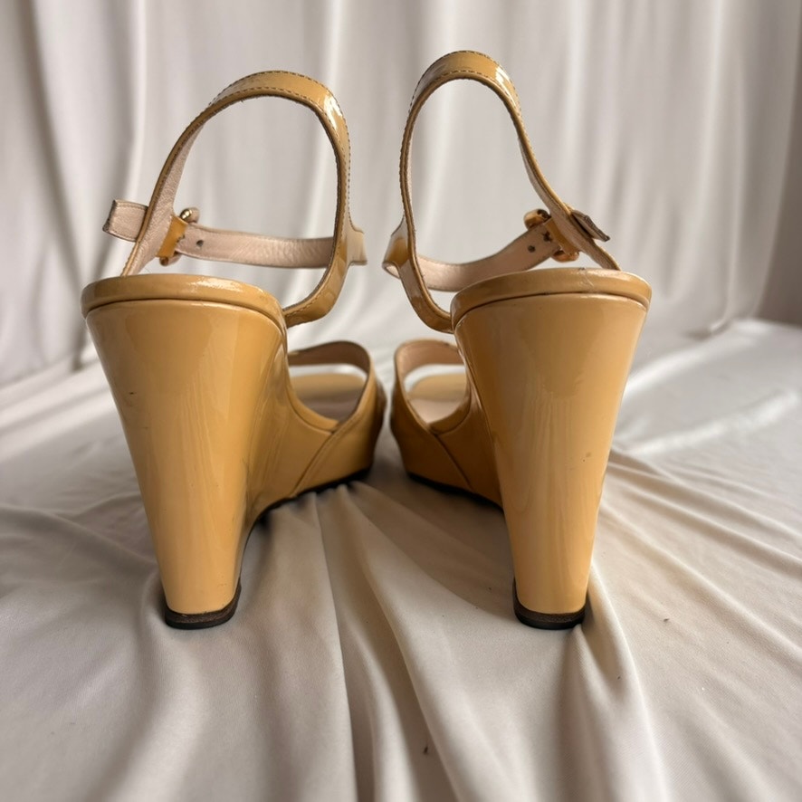Vintage Prada Butter Yellow Patent Leather Wedge Sandals - Y2K, EU 39.5/US 9.5