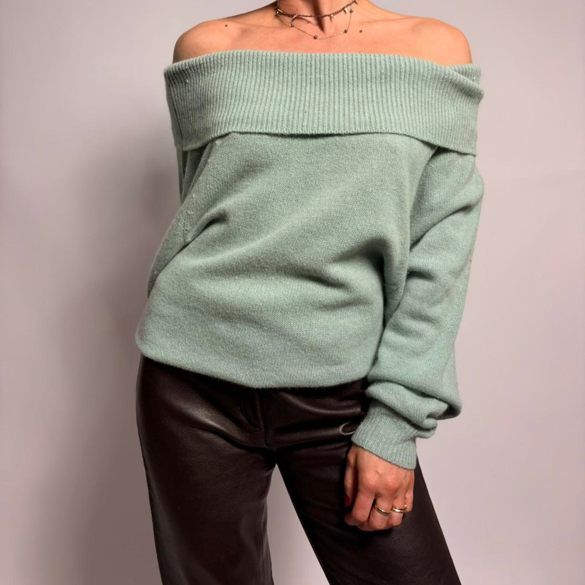 Vintage Kasper for J.L. Sport Off-Shoulder Sweater - Mint Green, Size Medium