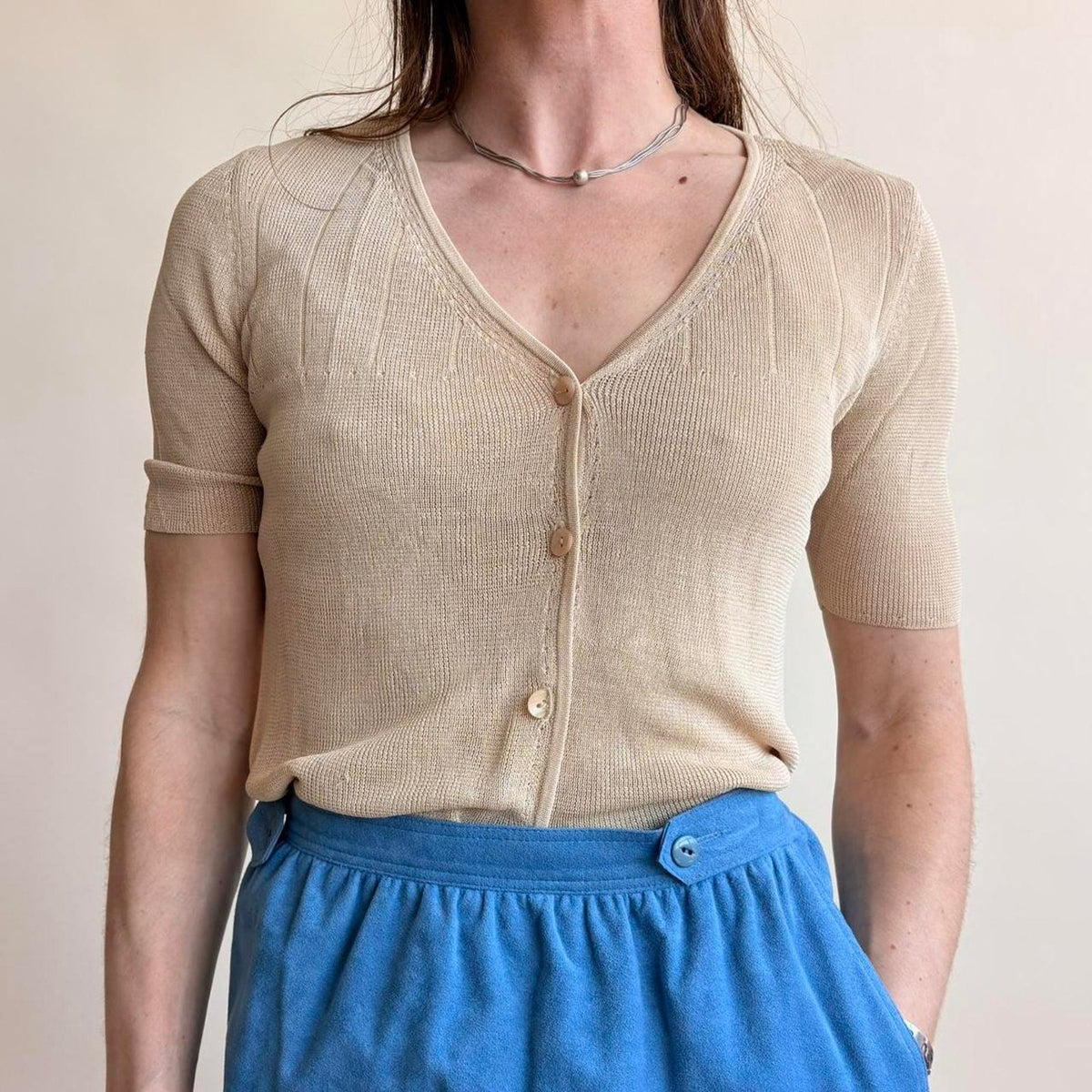 Caroline Little Knitwear Nude Tan Rayon Knit Top - Size Small
