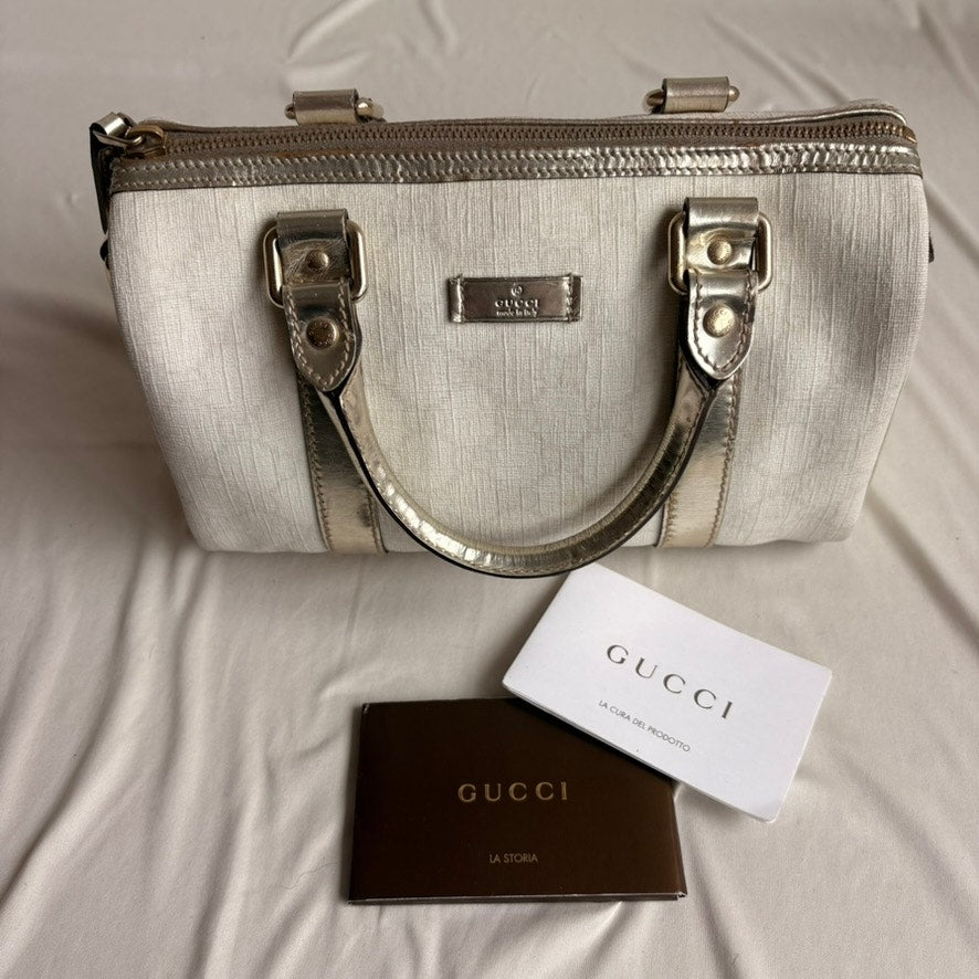 Gucci Small Joy Boston Bag - GG Supreme Canvas, White/Gold, Metallic Silver Trim