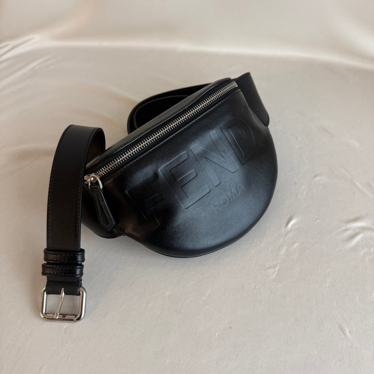 Fendi Roma Logo Black Leather Belt Bag - 3D Embossed Logo