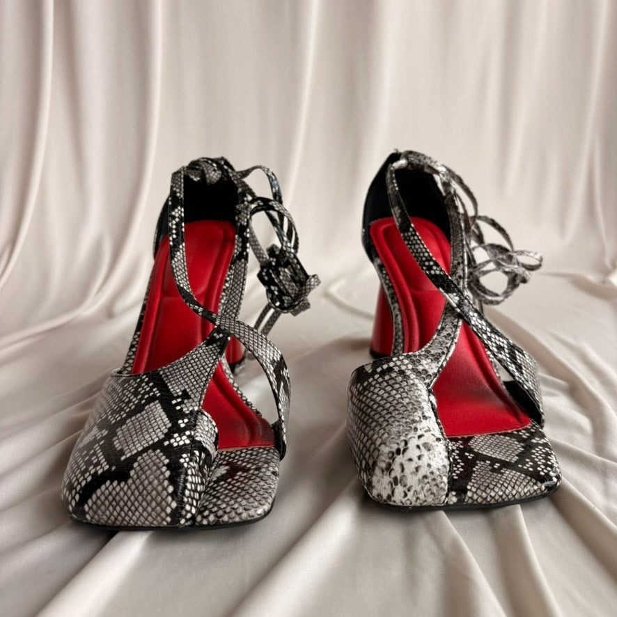 Azalea Wang Buiky Snake Print Curved Heel Pumps - Red Heel, Size 8.5