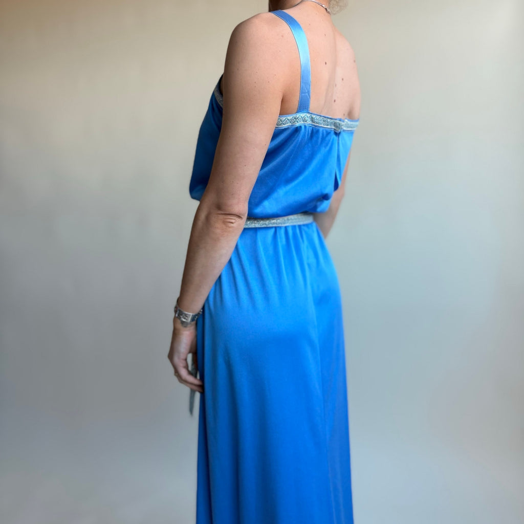 1970s Handmade Blue Maxi Dress - Square Neck, Silver Trim, Elastic Waist, Fits Small
