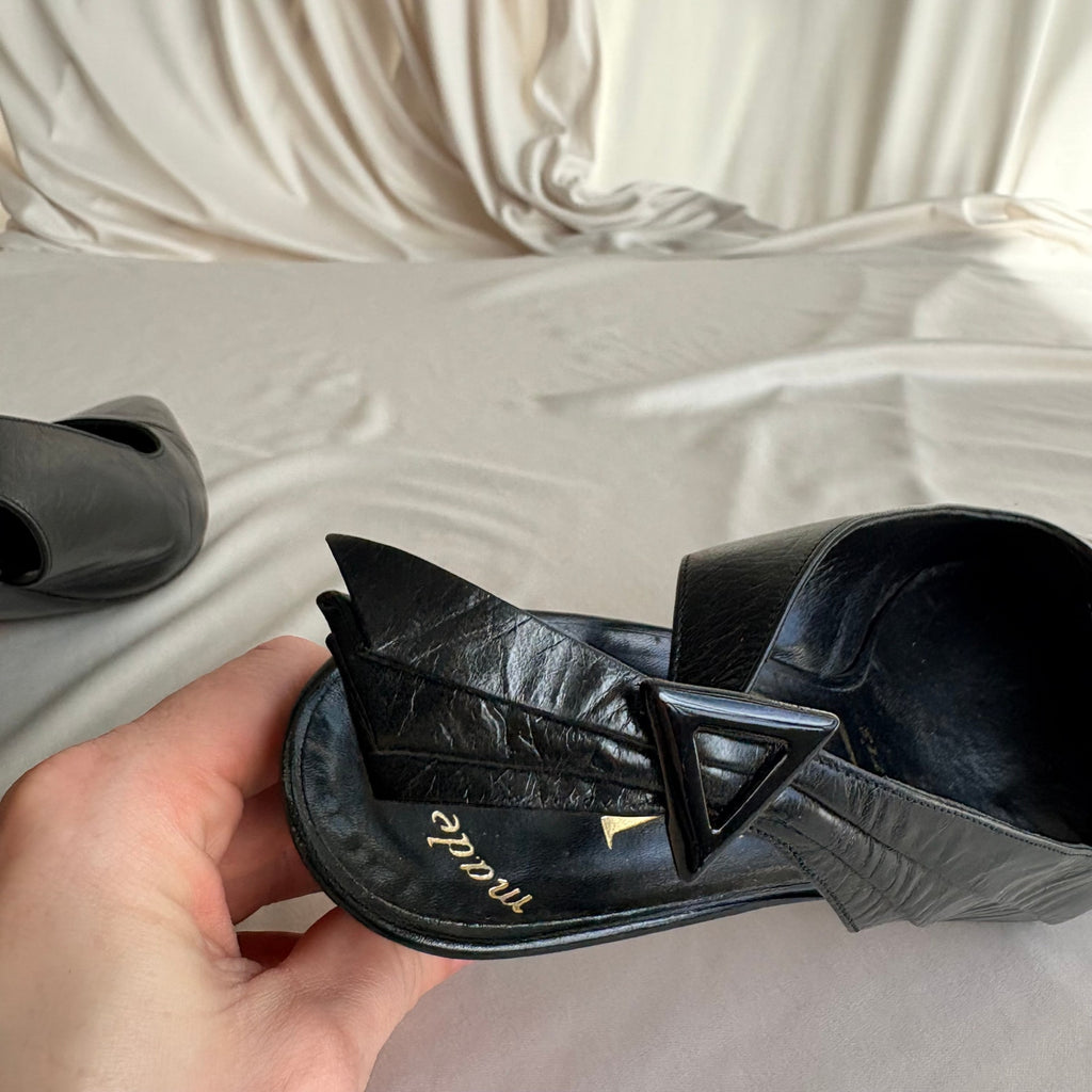 Vintage 80s YSL Black Leather Slingback Heels -  7.5 (fits like a 7)