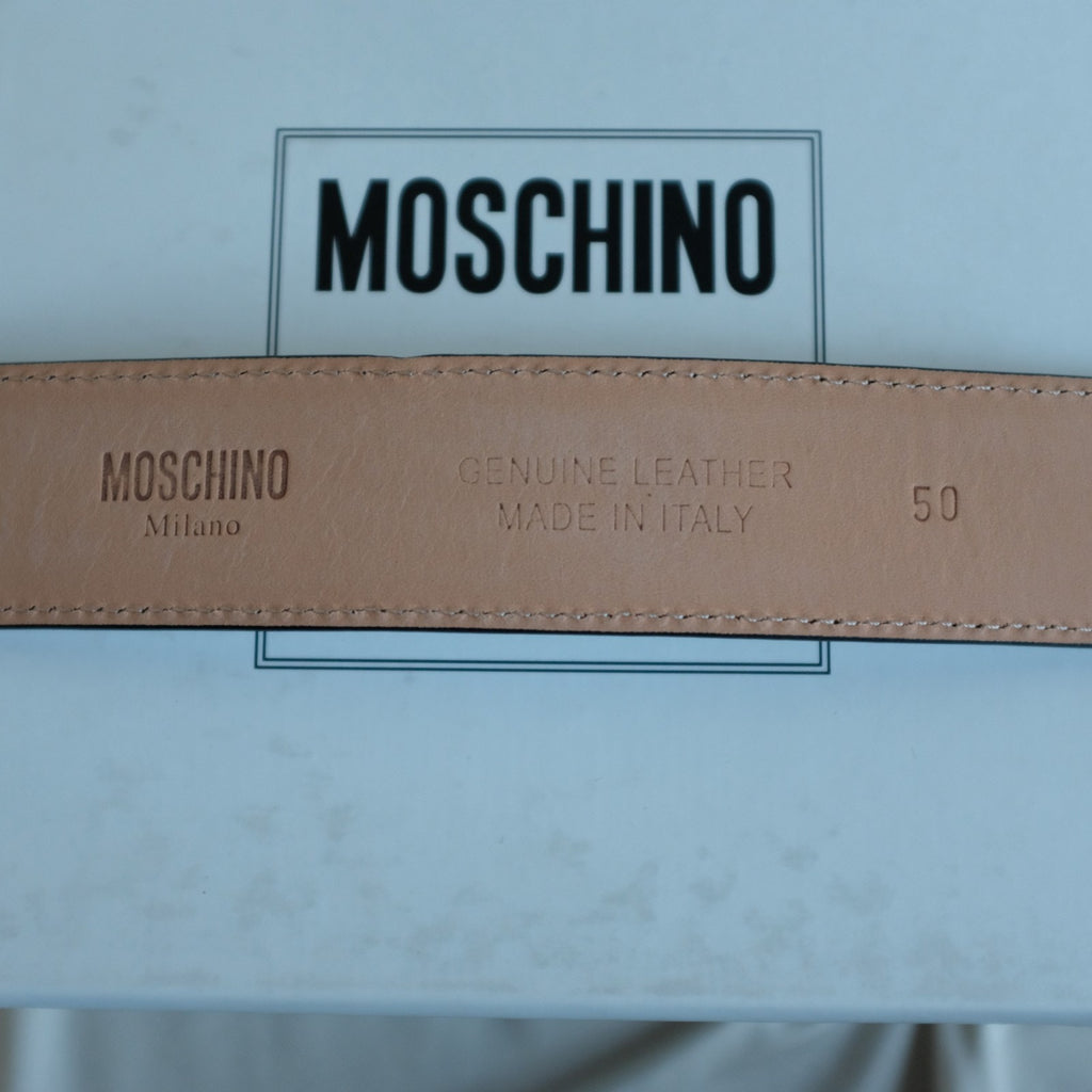 Moschino White Leather Multicolor Logo Buckle Belt Size IT50
