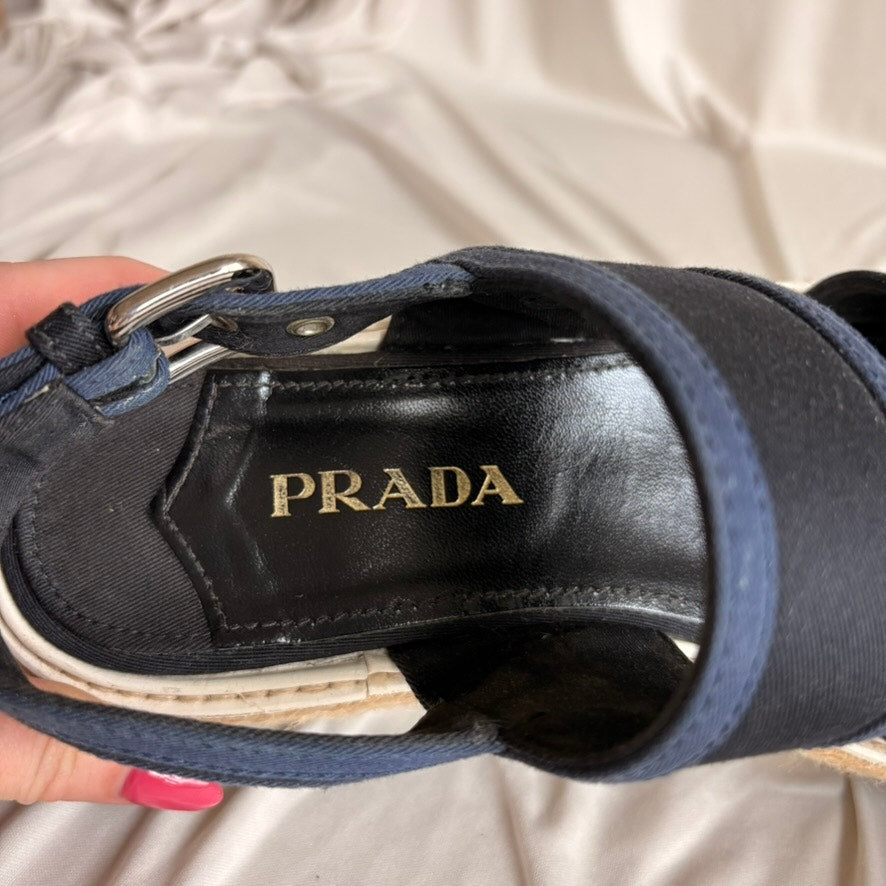 Prada Black & Baltic Blue Canvas Espadrille Platform Sandals - EU 37/US 7