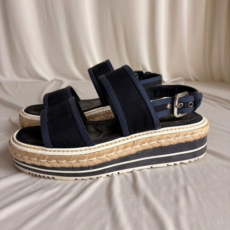 Prada Black & Baltic Blue Canvas Espadrille Platform Sandals - EU 37/US 7