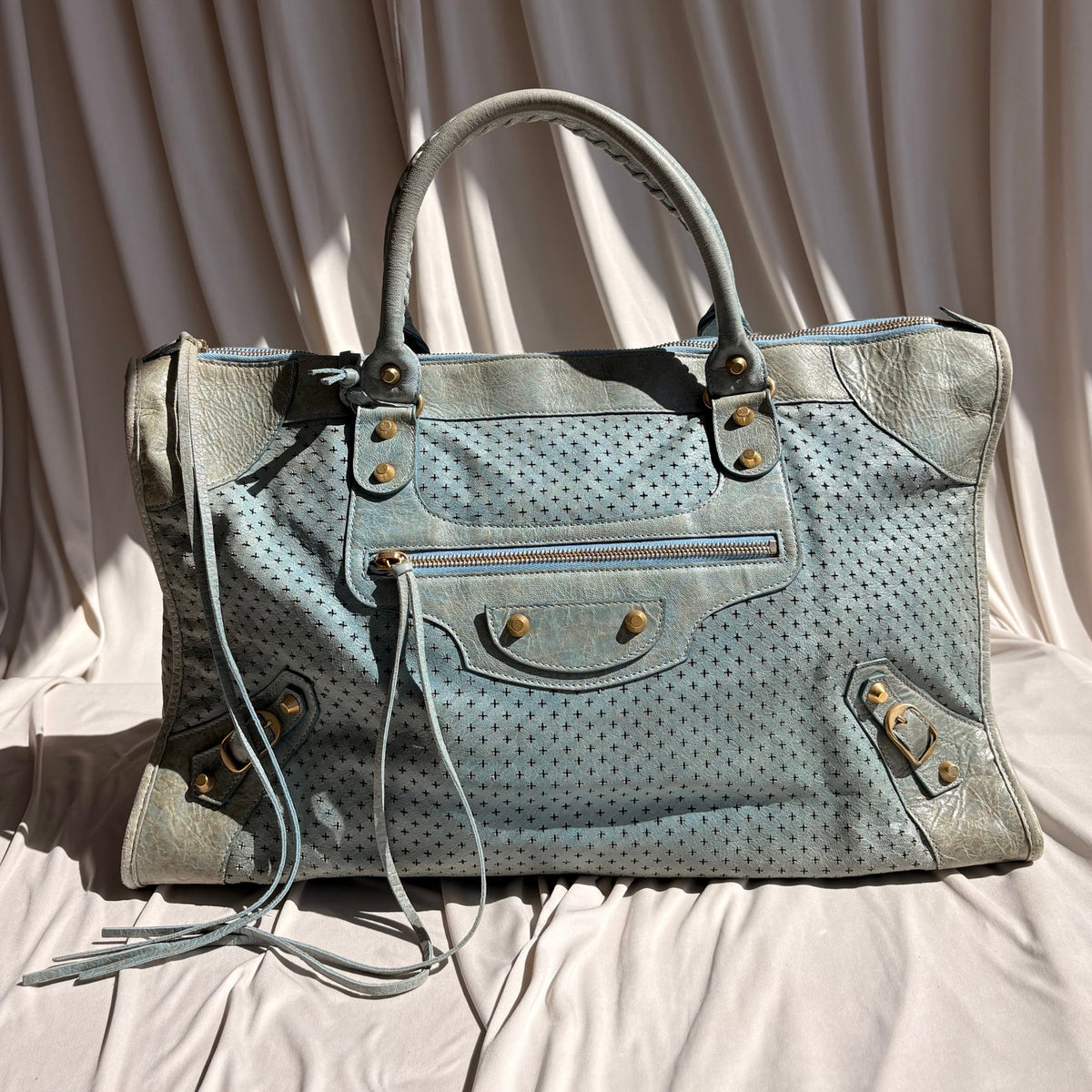 Balenciaga Cross Perforated Lambskin Leather Motorcycle City Bag - Soft Blue