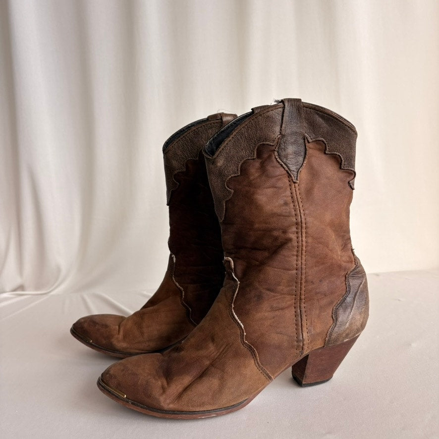 Brown Suede & Leather Cowboy Boots - Size 7
