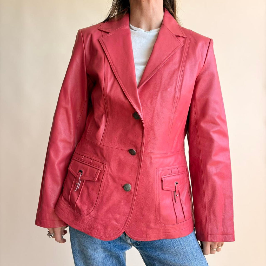 Pamela McCoy Raspberry Pink Leather Moto Jacket - Size Small