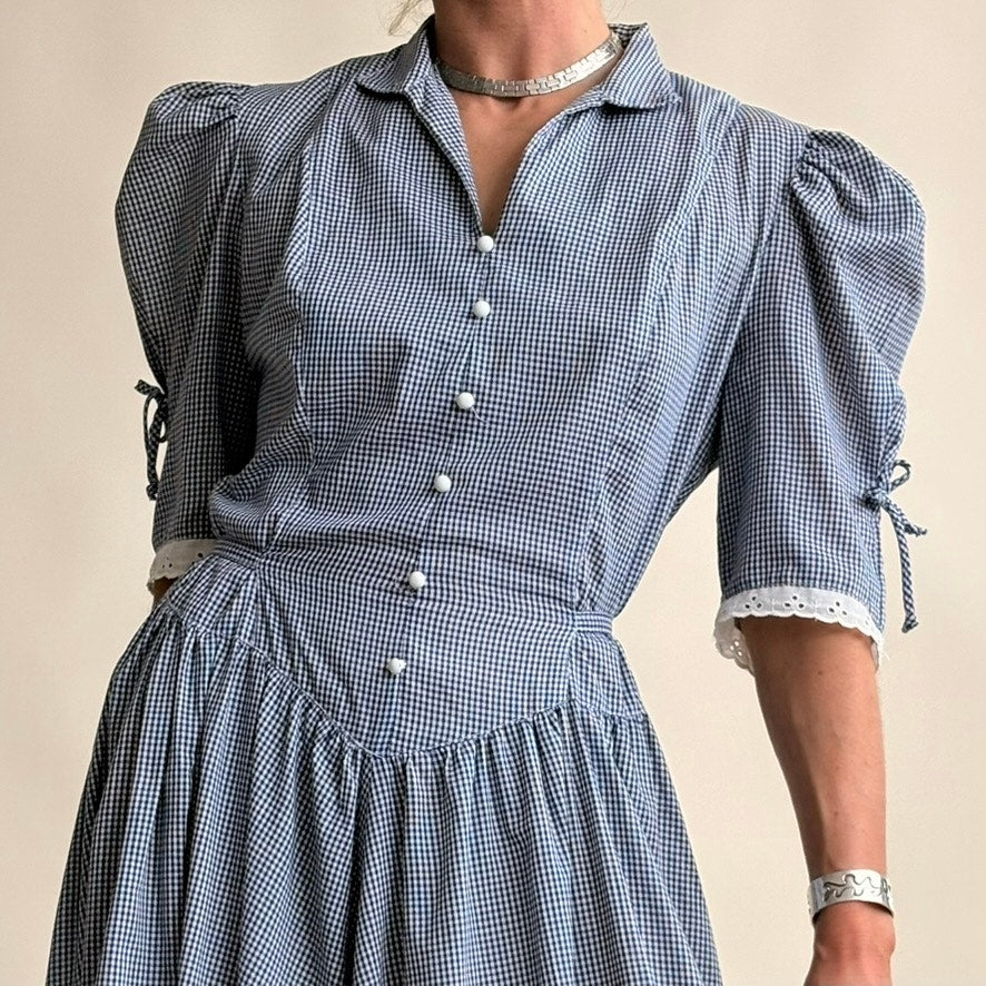 70's Wendy One Gingham Prairie Dress - Blue & White, Basque Waist, Size Small