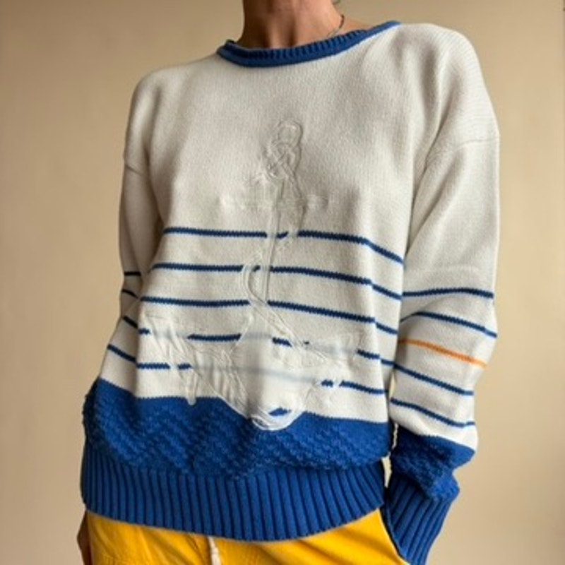 Davison's Bermuda Nautical Sweater - Blue & White Stripe, Anchor Patch, Size M