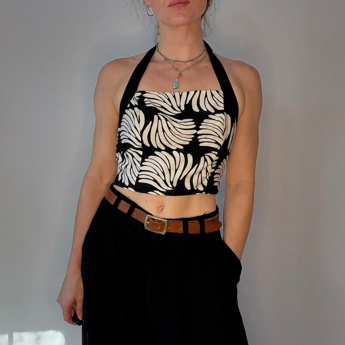 Black and White Abstract Floral Halter Top- size small