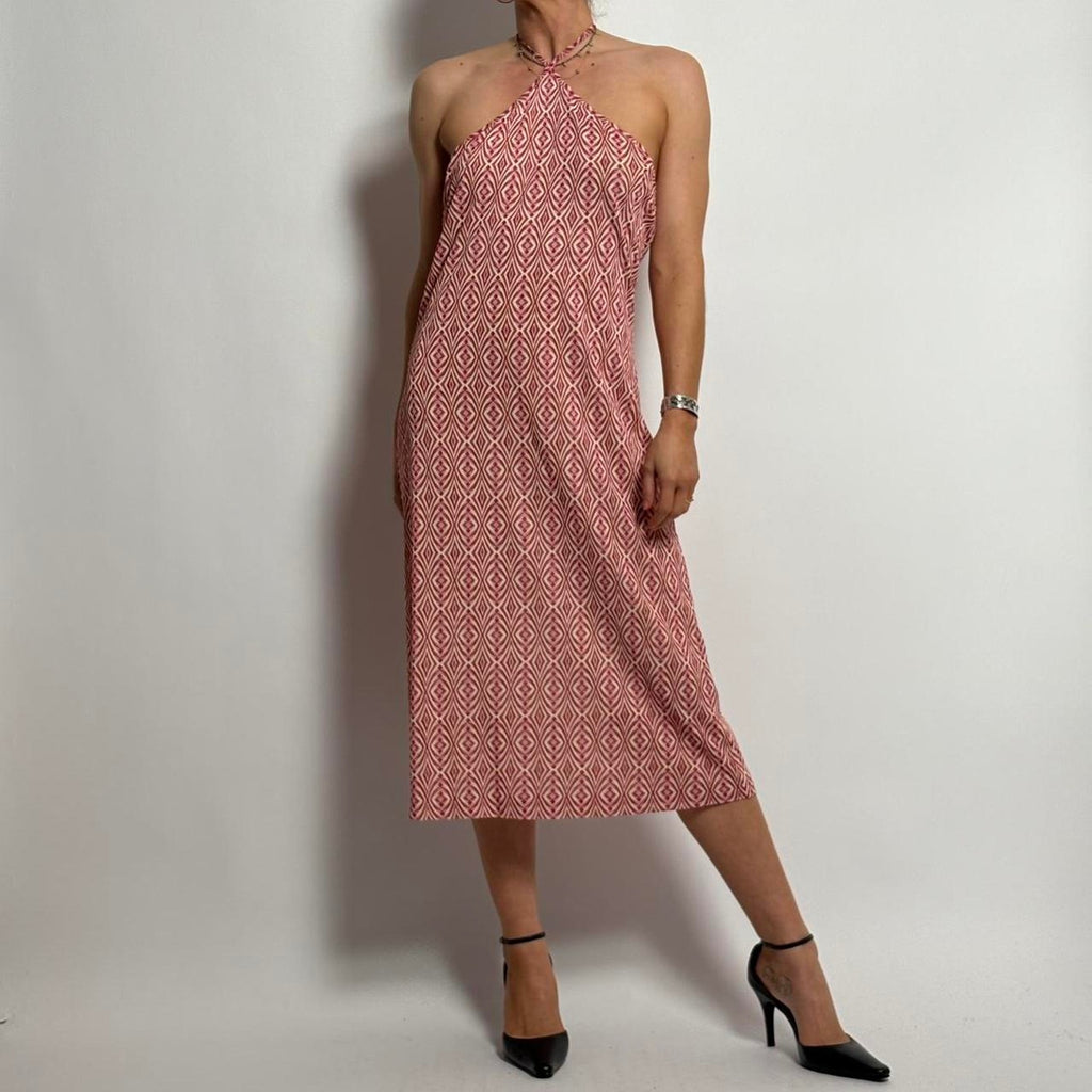 Chloé SS 2001 Pink and White Abstract Mesh Halter Dress - Large