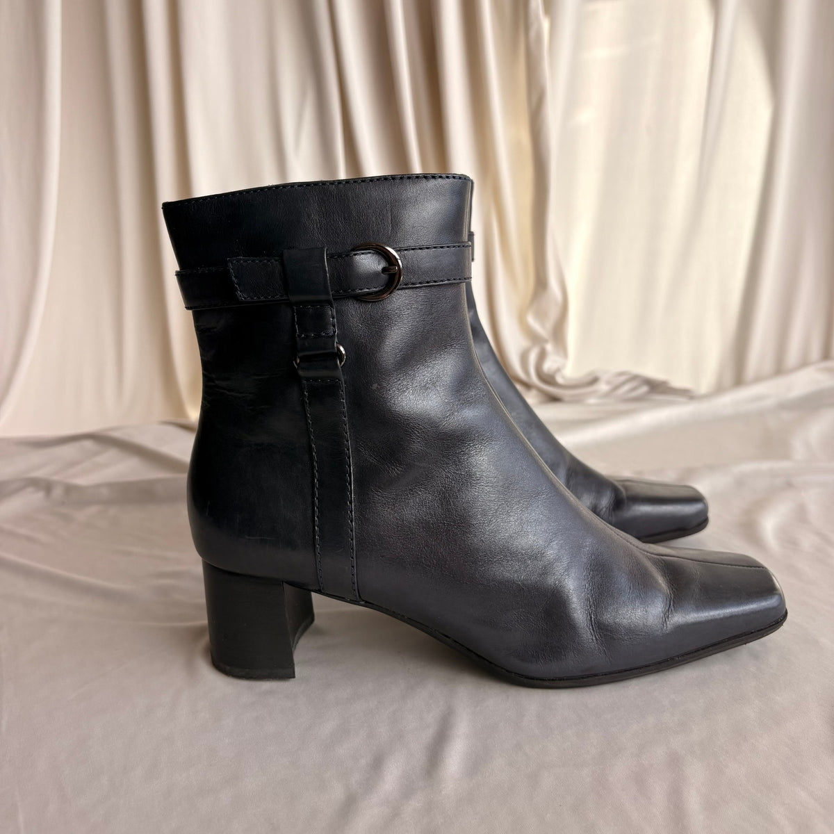 Vintage Navy Blue Leather Ankle Booties - Square Toe, Buckle Detail, 7.5