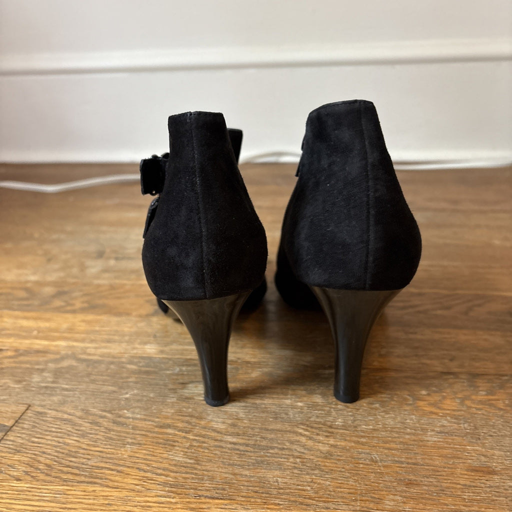 Worthington Womens 9M Black Suede Ankle Boot 3” High Heel Bootie 2 Buckle EUC