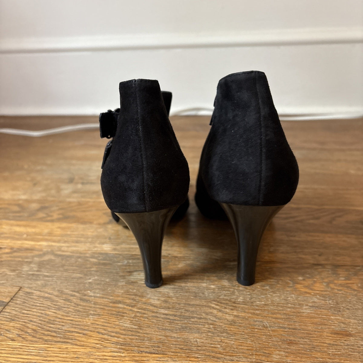 Worthington Womens 9M Black Suede Ankle Boot 3” High Heel Bootie 2 Buckle EUC