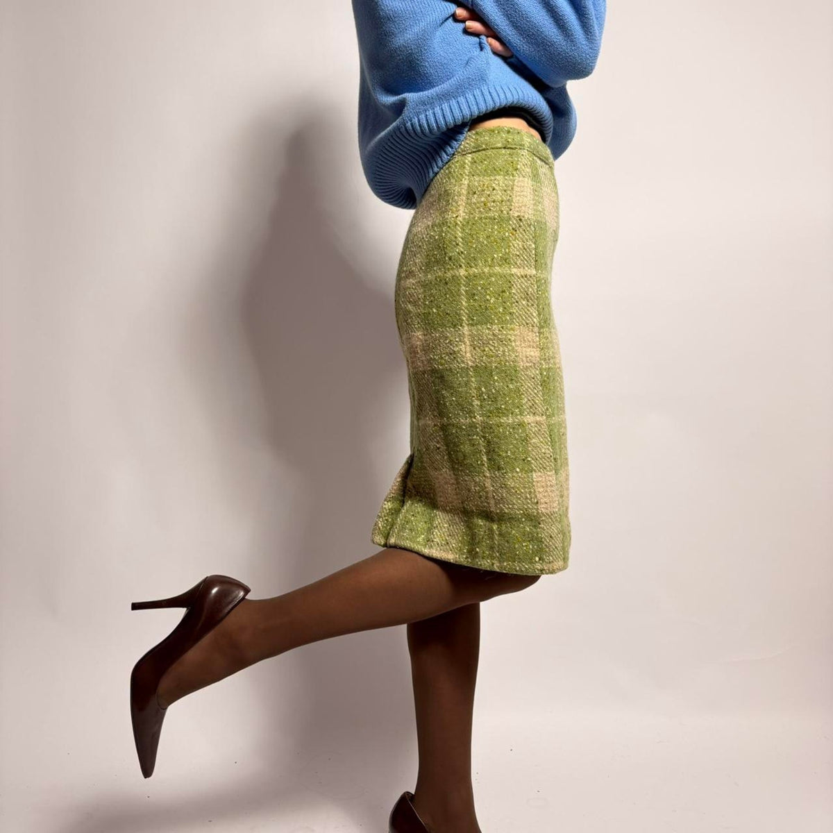 Vintage Handmade Plaid Skirt - Green & Cream (Fits XS)