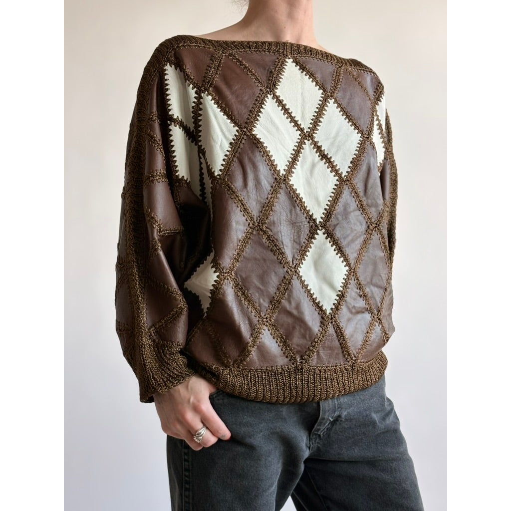 Vintage 1970s Handmade Turkish Diamond Patchwork Leather Top
